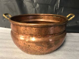 Antique Hammered Copper Pot Brass Solder On Base & Side Brass Handles Marked