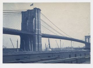 Brooklyn Bridge American Flag Rare Vintage Railroad C.  1890 Cyanotype Photo