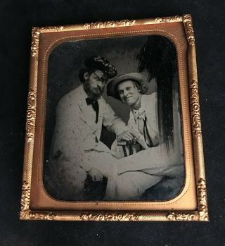 1/6 Plate Ambrotype Image Of Two Men In White Suits In A Strange Pose,