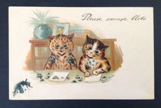 Vintage Signed Louis Wain Cat Postcard " Please Excuse Blots " - Cats Playing In Ink