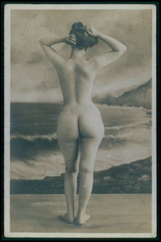 French Full Nude Woman Nudist Beach Big Butt Early C1900 Photo Postcard