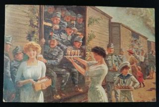 Postcard Wwi German Soldiers On Train Fed By Women And Children