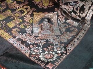 Vtg Antique Wwii Taj Mahal Piano Scarf Shawl Tablecloth Black/orange Fringe