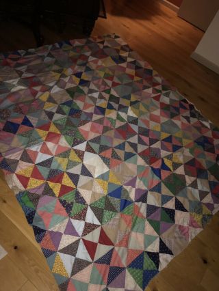 Vintage Handmade Triangle Pattern Patchwork Quilt - Coverlet 80x94” King Size