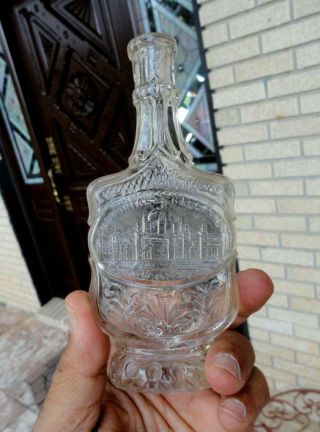 Blown Early Memorial Hall 1876 Ornate Figural Whiskey Or Perfume Bottle Flask