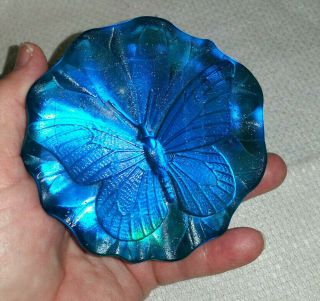Vintage Blue Carnival Glass Large Round Butterfly Paperweight (3.  75x1.  25)