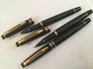Waterman Expert Ii Set Of 3x Rollerball Pens Black Lacquer W/ Gold Trim (jlc)