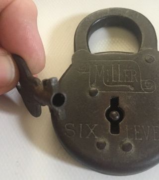 Vtg Antique Old Miller Lock Co.  6 Six Lever Padlock &Original Hollow Barrel Key 2