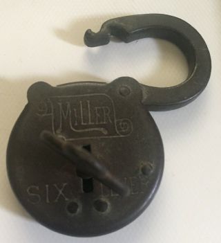 Vtg Antique Old Miller Lock Co.  6 Six Lever Padlock &Original Hollow Barrel Key 3