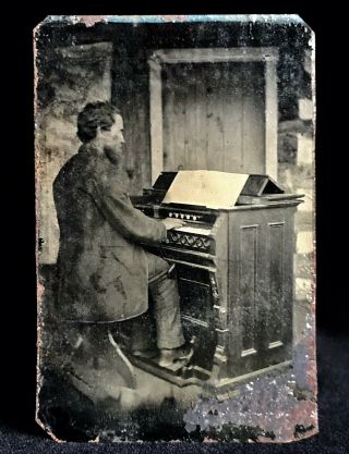 Very Rare 1/4 Plate Tintype - Back View Of Organist - Surreal Religious Musical