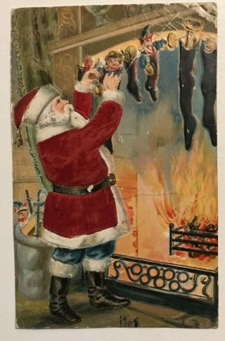 Christmas Silk Santa Claus Decorating Christmas Tree Antique Postcard - C250