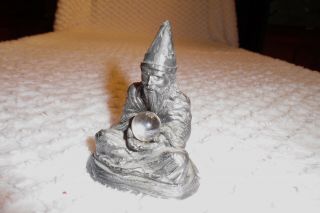 Merlin The Magician Wizard Figurine - Pewter - Sitting & Holding A Crystal Orb