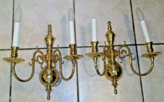 Pair Williamsburg Style Brass 2 Light Electric Wall Sconces