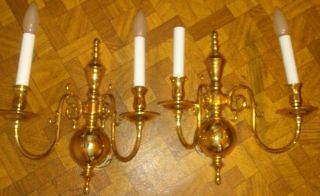 Pair Williamsburg Style Brass 2 Light Electric Wall Sconces 5