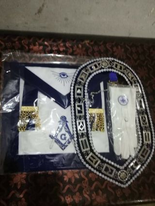 Blue Lodge Chain Collar,  Master Mason Apron With Square And Compass Gloves Set