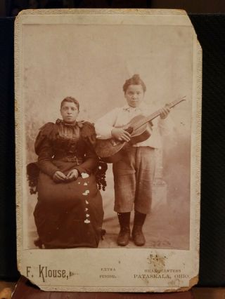 African American Cabinet Card Of Mary Bridges & Son With Guitar.  Photo By Klouse