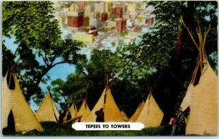 Tulsa,  Oklahoma Postcard " Tepees To Towers In 50 Years " Indian Village / Skyline