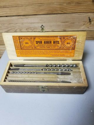 Vintage Russell Jennings Spur Auger Bits With 2 Tier Oak Box 7 Bits