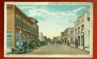 Fort Pierce,  Fl/ Second St.  Looking North/ Very Old Cars/ Stores/lamp Posts/pc