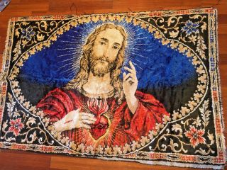 Jesus Sacred Heart Large Vintage Rug Carpet Wall Hanging Tapestry Christ