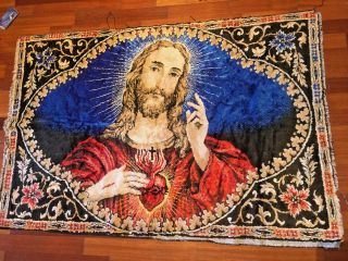 JESUS SACRED HEART Large Vintage Rug Carpet Wall Hanging Tapestry Christ 2