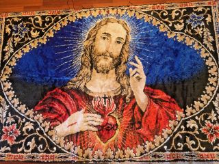 JESUS SACRED HEART Large Vintage Rug Carpet Wall Hanging Tapestry Christ 3