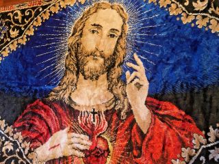 JESUS SACRED HEART Large Vintage Rug Carpet Wall Hanging Tapestry Christ 4