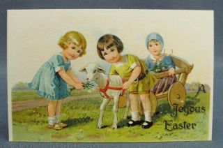 Antique Easter Postcard Joyous Children With Lamb Pulling Cart