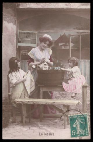 Set of 4 Vintage photo postcard 1910s mother girls housekeeper teach 3