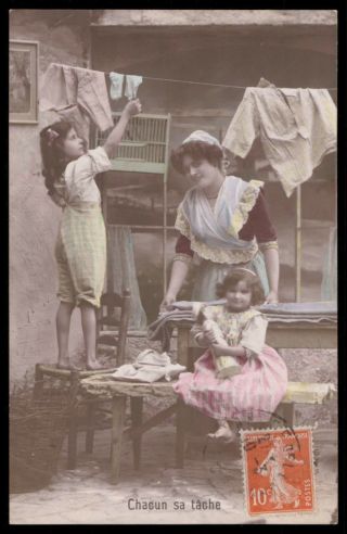Set of 4 Vintage photo postcard 1910s mother girls housekeeper teach 5