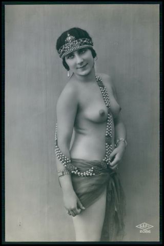 French Nude Woman Tiara & Jewelry Old 1920s Photo Postcard