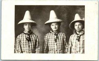 Vintage Rppc Real Photo Postcard 3 Girls / Sisters In Halloween Costumes C1910s