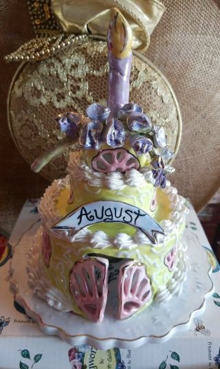 Heather Goldminc Blue Sky Birthday Cake Tea Light With Base - August Bd - Ships