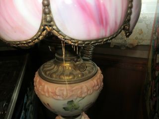 Large vintage Fostoria oil lamp with slag glass? shade 2