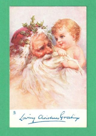 Vintage Tuck Christmas Postcard Santa Claus Holly Baby