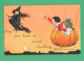 Vintage Tuck Halloween Postcard Kids Pumpkin - Balloon Chase Witch On Broom City