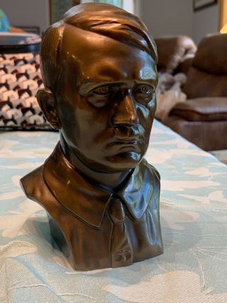 Adolf Hitler Cast Bronze Bust Statue Sculpture Marked H On Bottom