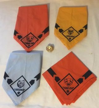 Cub Scout,  (2) Tiger Scout,  Wolf Scout Scarfs And A Wolf Scarf Slide Clip