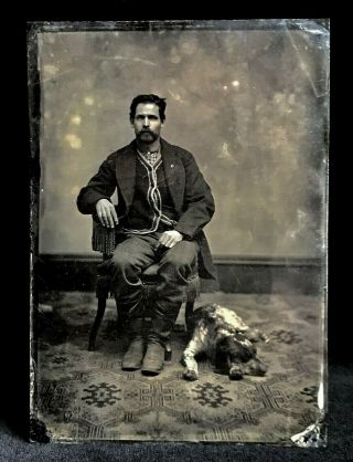 Rare 5 X 7 Inch Tintype - " Man & His Best Friend " Hunting Dog - German Pointer?