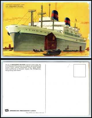 American President Lines " S.  S.  President Wilson  1 " Ship Postcard - N27