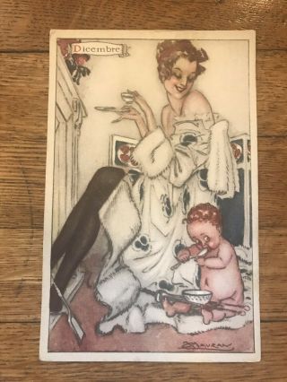 Artist Signed Vintage Postcard L.  A.  Mauzen,  December Woman And Baby
