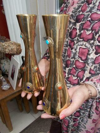 Pair Elegant Brass Modernist Style Vases Multi Colour Cabochon Lovely