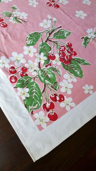 VTG Tablecloth Cotton RED Cherry PINK 1950s VIVID COLOR EXC Rare GORGEOUS 3