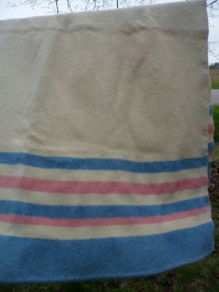 Vintage 100 Pure Wool Blanket All Wool England Cream Pink Blue Stripe 70 " X 55 "