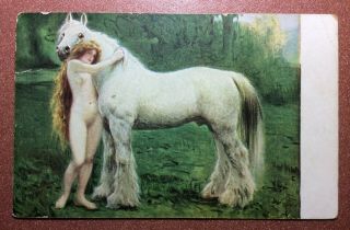 Antique Postcard 1910s Nude Woman Witch Long Hair.  Magic Of Love White Horse.