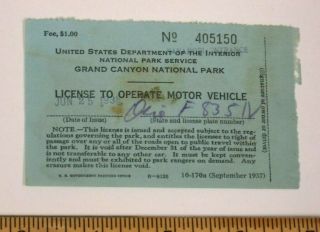 Vintage 1938 Grand Canyon National Park entrance permit sticker & driver license 3