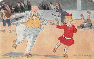 Artist Signed Postcard 1908 Roller Skating Series 9 Girl Fat Man Fall Comic 86