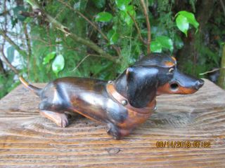 Vintage Antique Hand Carved Black Forest Wooden Dashund / Dog Inkwell orig.  Well 2