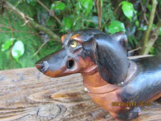 Vintage Antique Hand Carved Black Forest Wooden Dashund / Dog Inkwell orig.  Well 5