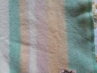 Vintage " Ayers " Pure Wool Twin Blanket Ivory Green Yellow Pink Stripes Read